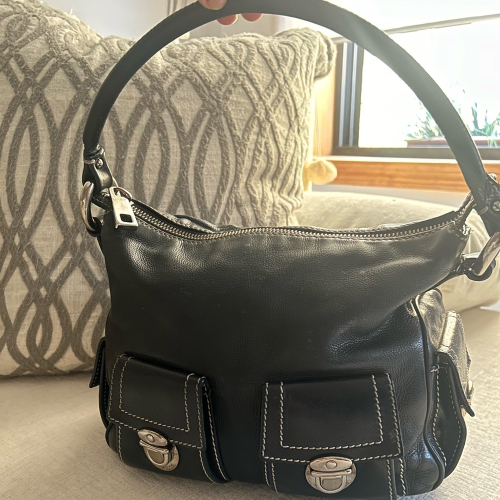 Classic Black Leather Shoulder Bag - Black